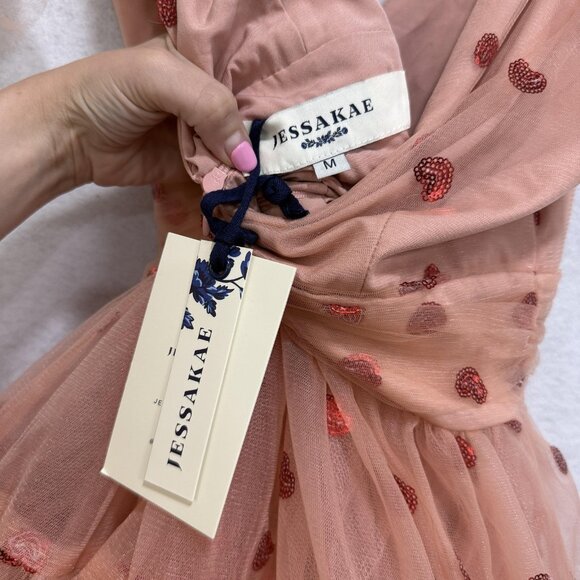 JessaKae Sweetheart Dress Womens Medium Pink Tulle Sequin Heart Bow Tie Maxi - Picture 11 of 12